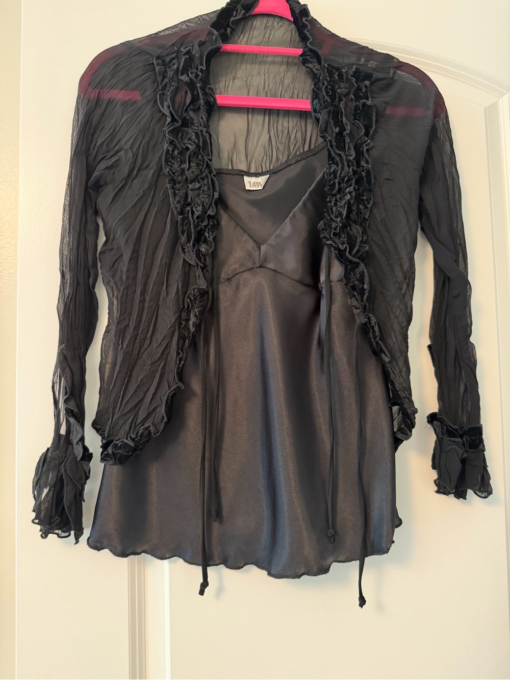 Love Black Sheer Ruffle Bolero Over Satin Cami